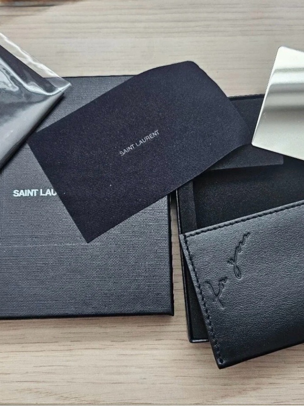 YSL Saint Laurent unisex Black Embossed Leather Card Sleeve w 2 sided mirror